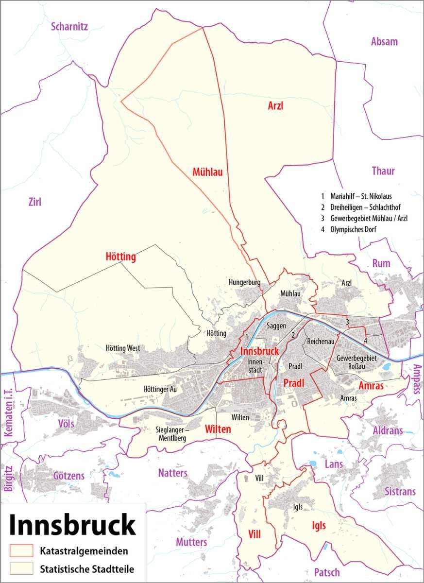 Cadastral settlements (red) and wards (grey) of Innsbruck