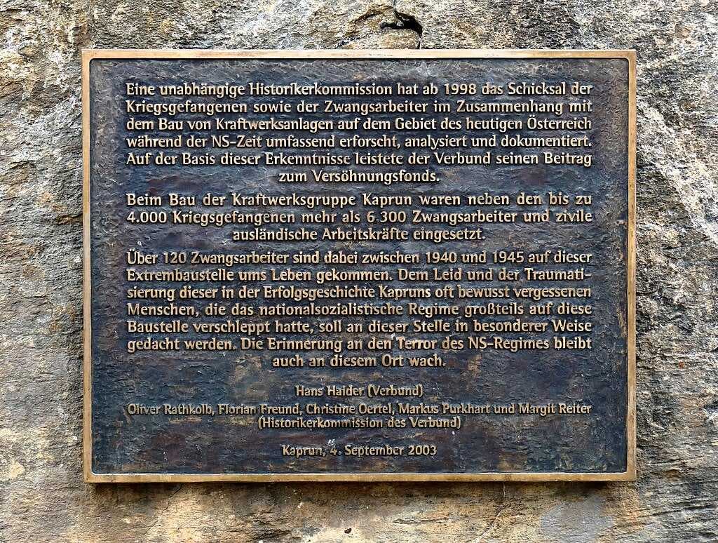A commemoration sign to the forced-work labourers who perished while building the Kaprun dam during WWII at the "Heidnische Kirche"