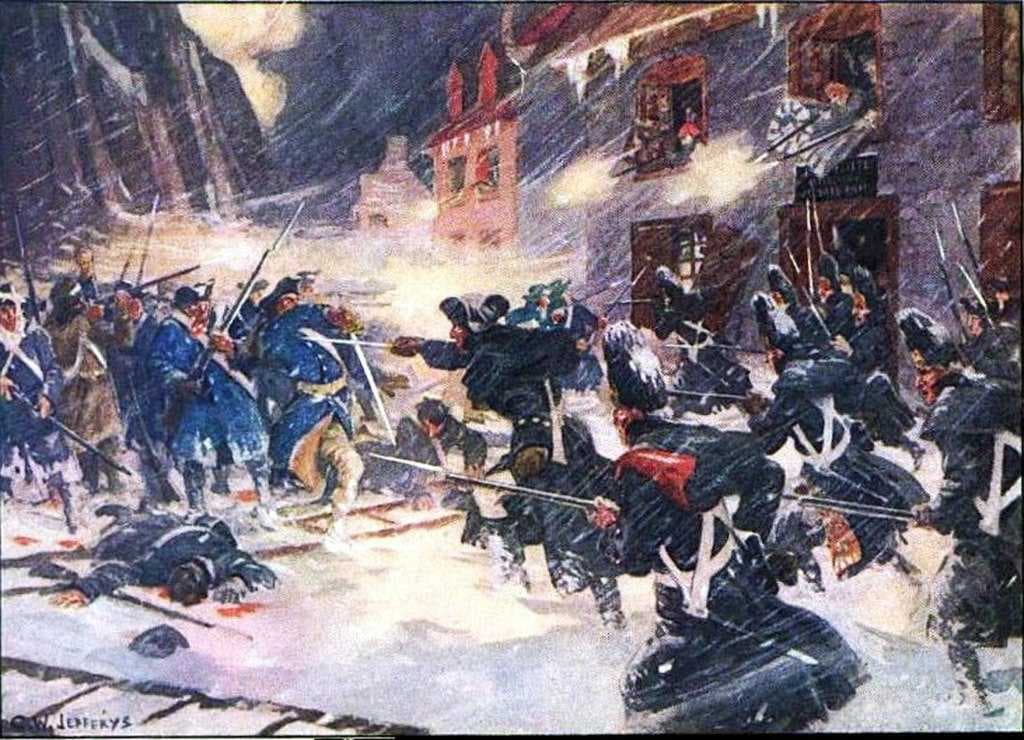British regulars and Canadian militia engage the Continental Army in the streets of the city. The Americans failure to take Quebec in 1775 led to the end of their campaign in Canada.