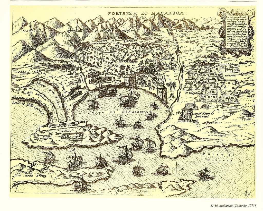 Map depicting the Turks trying to recapture Makarska after the Battle of Lepanto in 1571.