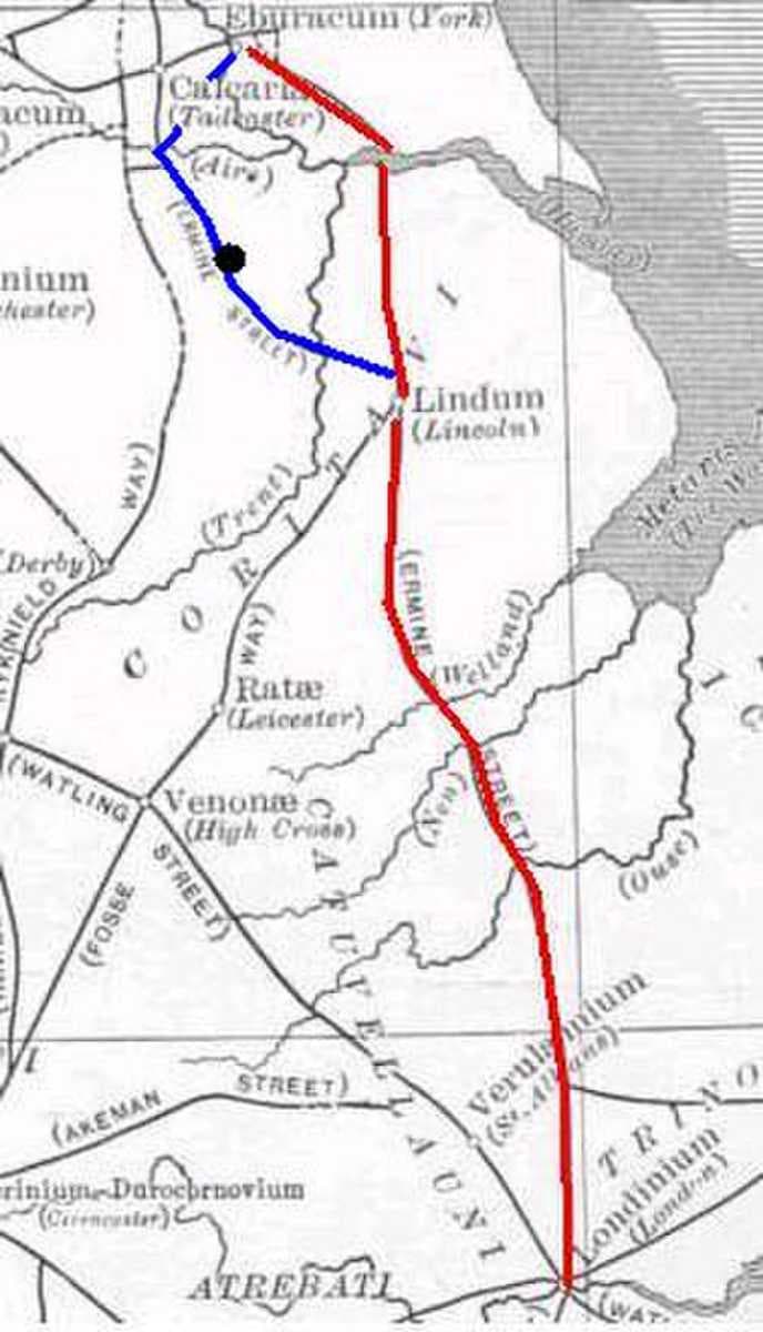 Ermine Street's alternative route: Eboracum (York) to Lagecium (Castleford), 21 miles, to Danum (Doncaster), 16 miles, to Agelocum (Littleborough), 21 miles, to Lindum (Lincoln), 13 miles. A spur connected Danum with Calcaria (near Tadcaster).