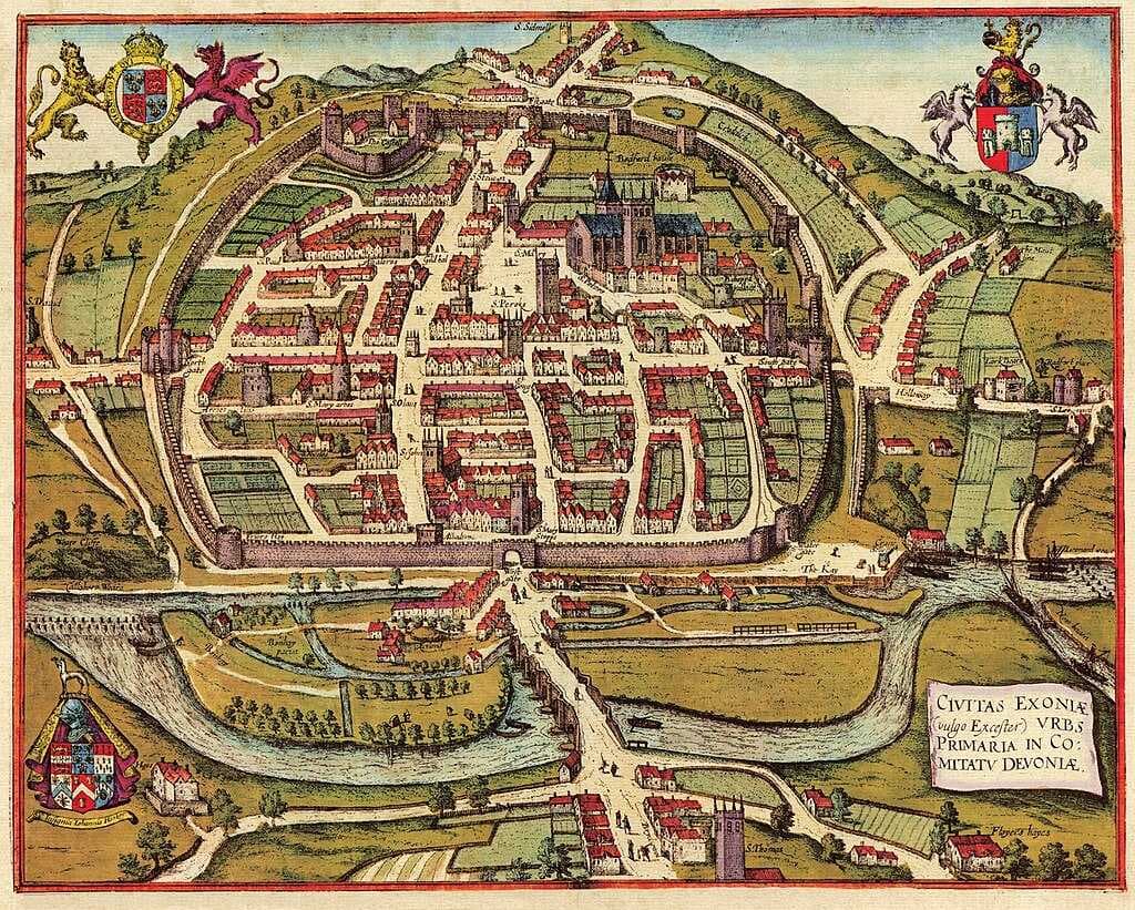 An illustration of Exeter in 1563, entitled Civitas Exoniae (vulgo Excester) urbs primaria in comitatu Devoniae