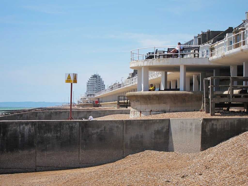 The double decker promenade that runs from Hastings Pier beyond Marine Court (seen in the distance), with a break at Warrior Square, was built in the 1930s by the borough engineer Sidney Little