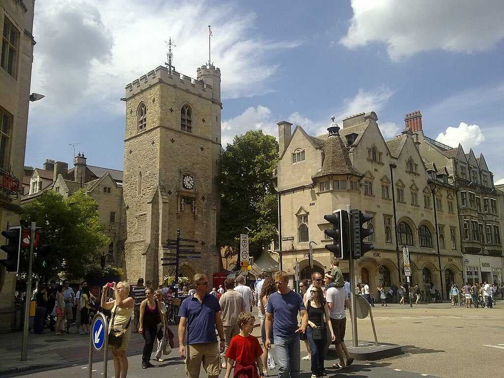 Carfax Tower at Carfax, the junction of the High Street, Queen Street, Cornmarket and St Aldate's streets at what is considered by many to be the centre of the city