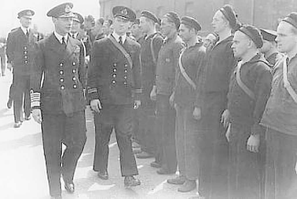George VI inspecting the crew of the HNoMS Draug in Portsmouth during the Second World War