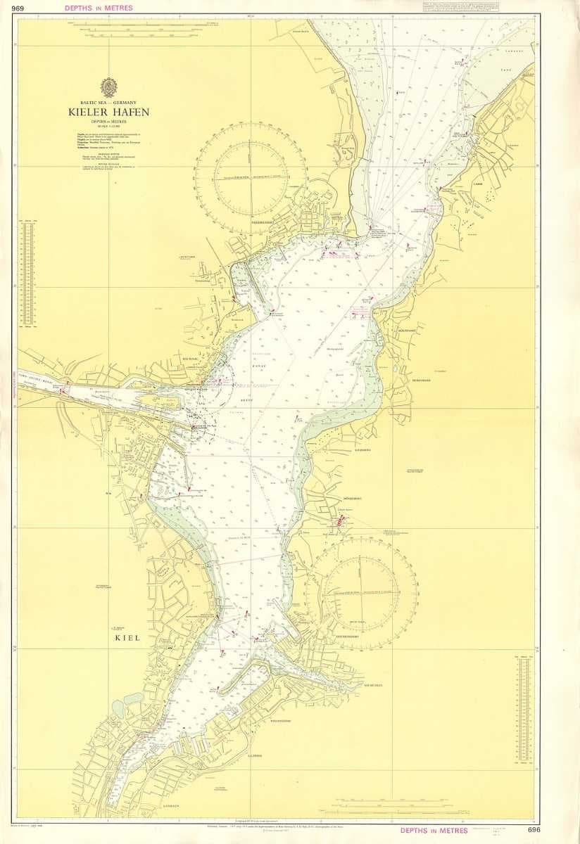 Kiel Harbour, an Admiralty chart of 1971