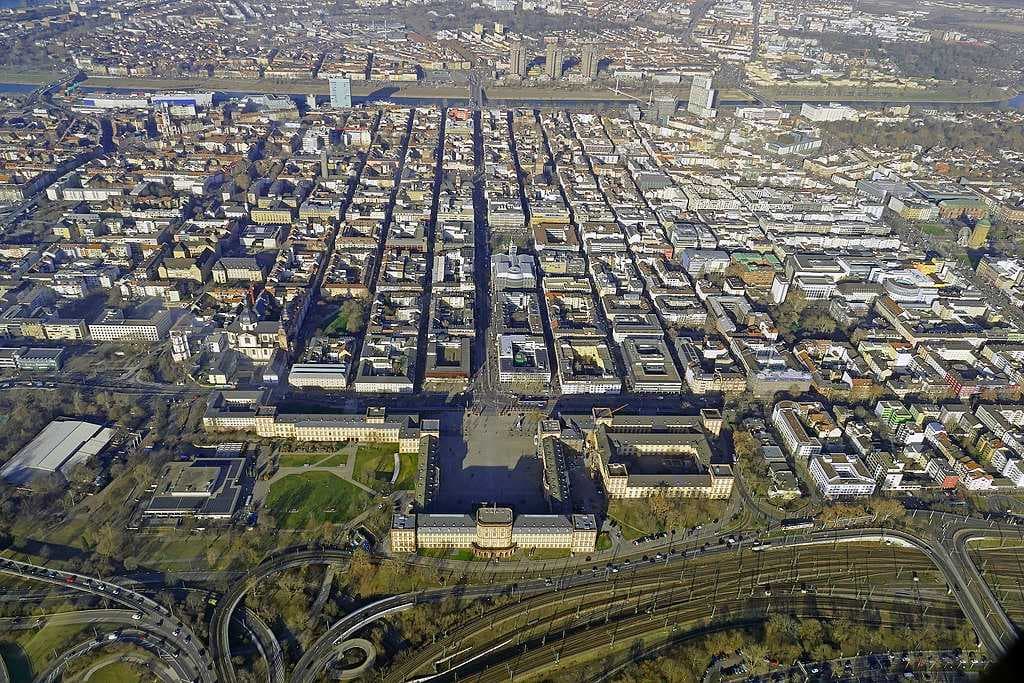 Aerial view of the city centre showing the grid layout