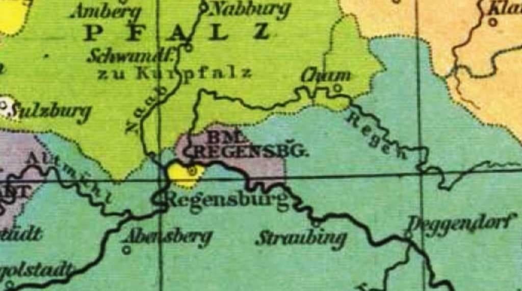 The Free Imperial City (yellow) and the Prince-Bishopric (purple) in the 18th century