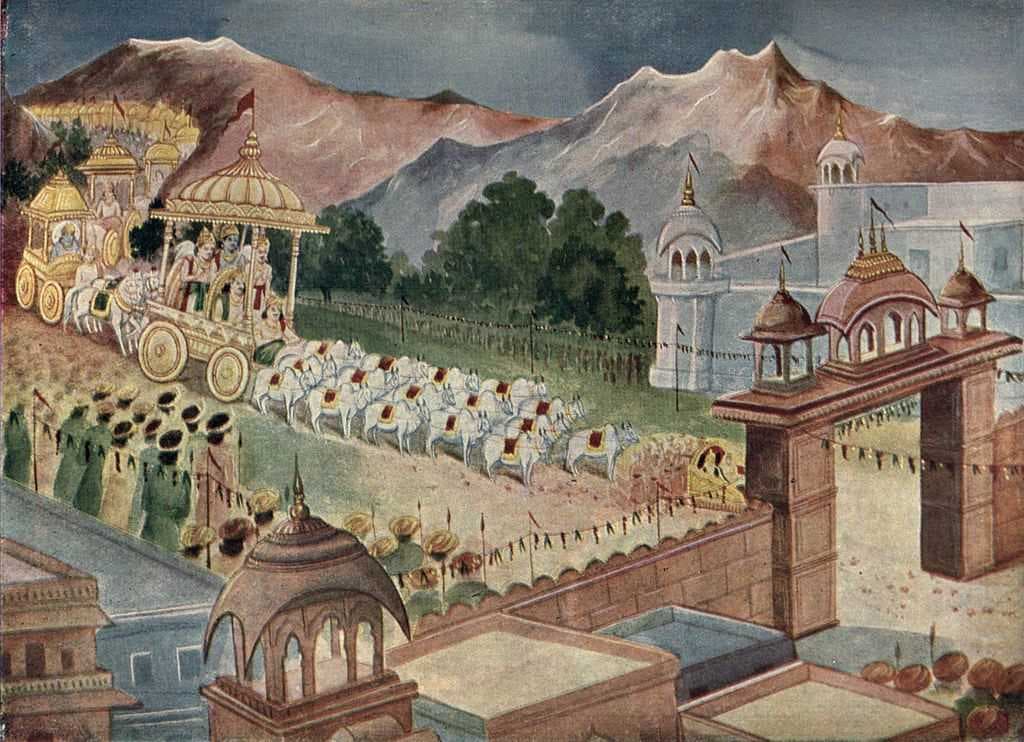 Yudhisthira arrives in Hastinapur at the end of Kurukshetra War in the epic Mahabharata.