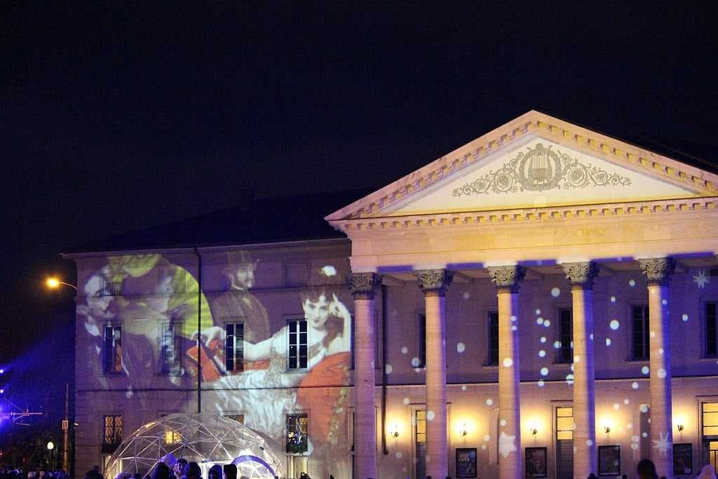 Como Main Town buildings decorated with light show during December 2017