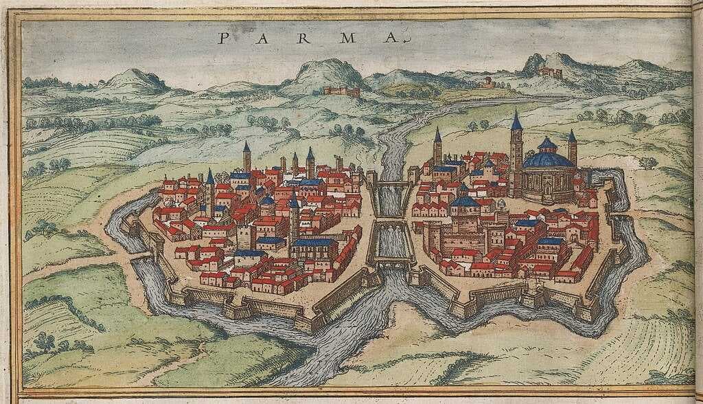 The city of Parma, divided by the river of the same name, with the imposing Romanesque Cathedral of the Ascension of the Virgin prominent on the right bank. 16th century.
