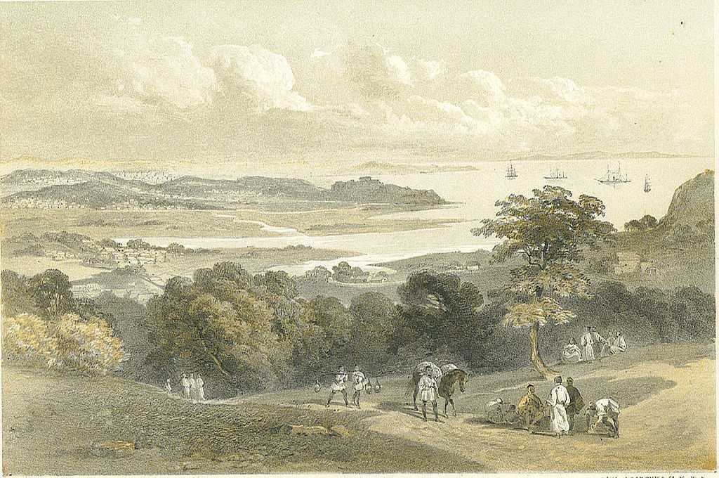 "Naha from Bamboo Village" looking toward the seashore. Artist: Wilhelm Heine (lithograph, 1856)