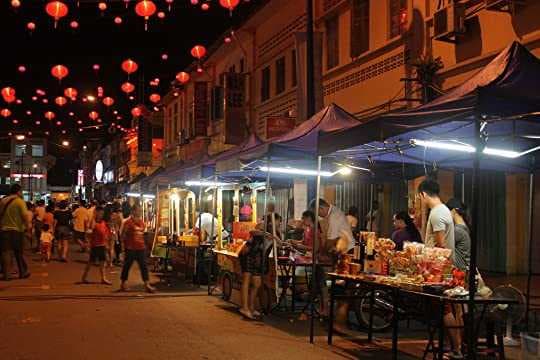 Stalls at the Bentong Walk at night, decorated with Chinese lanterns