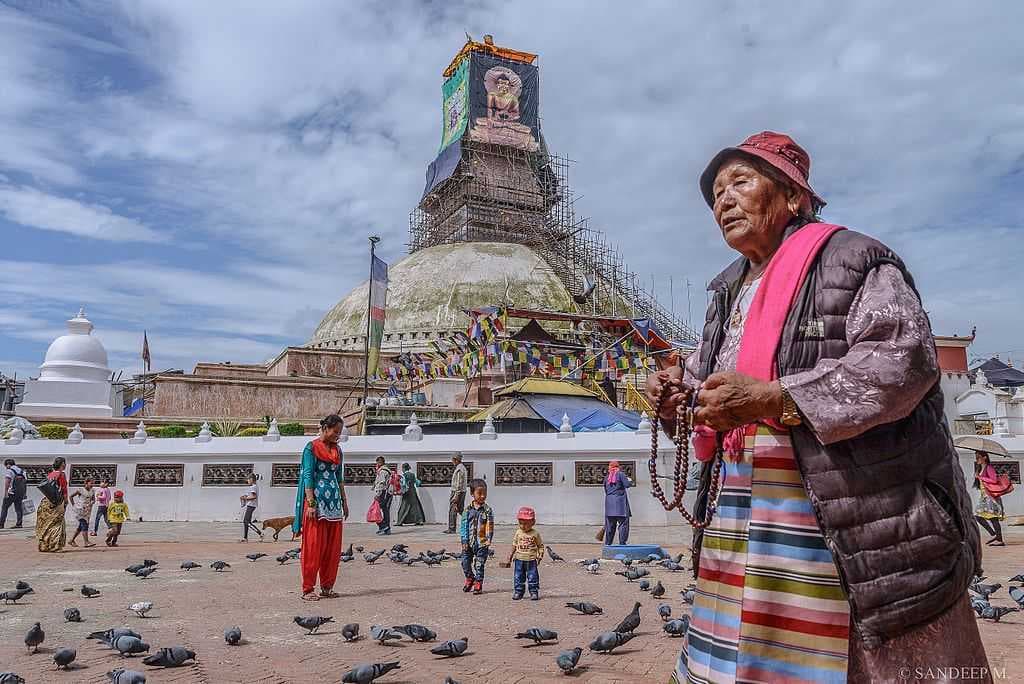 Boudhanath Stupa, one of the largest in Nepal. It is showing during renovations following the 2015 earthquake.
