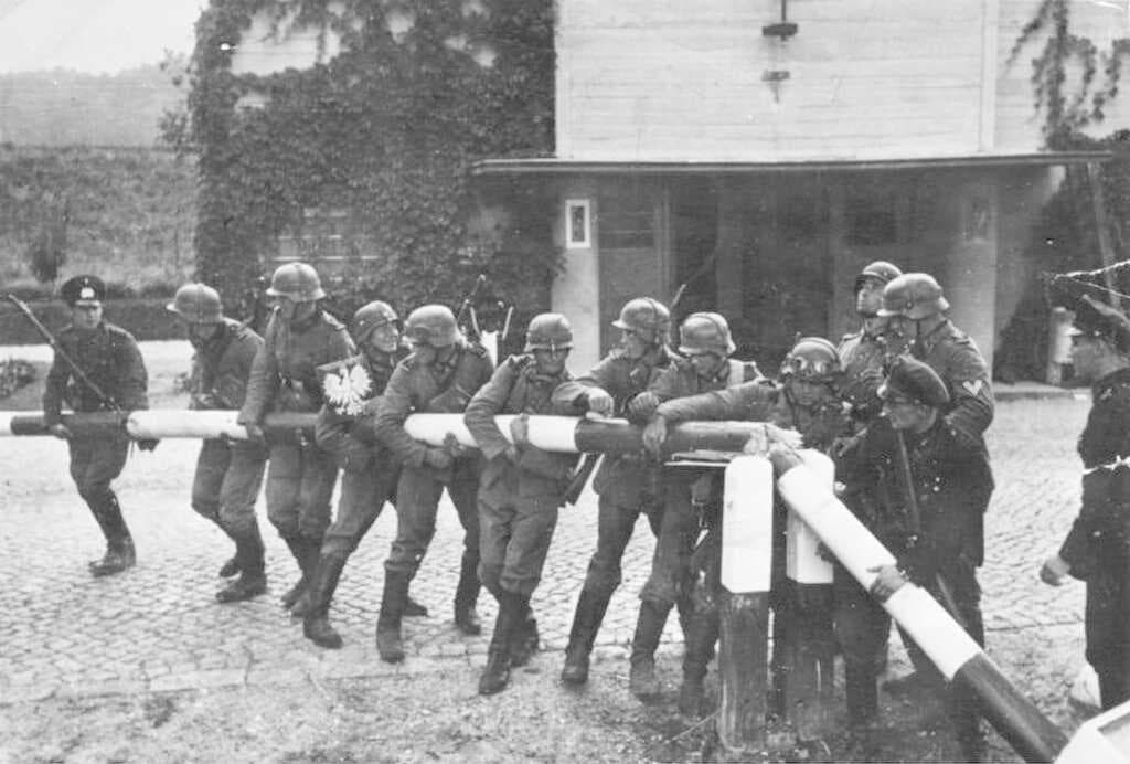 German soldiers and custom officials reenact the removal of the Polish border crossing in Sopot in September 1939 for the purposes of Nazi German propaganda