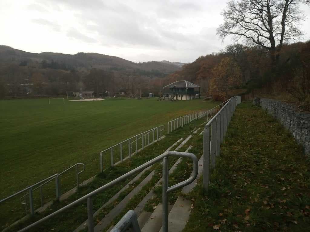 Pitlochry Recreation Park with spectator terracing and pavilion.