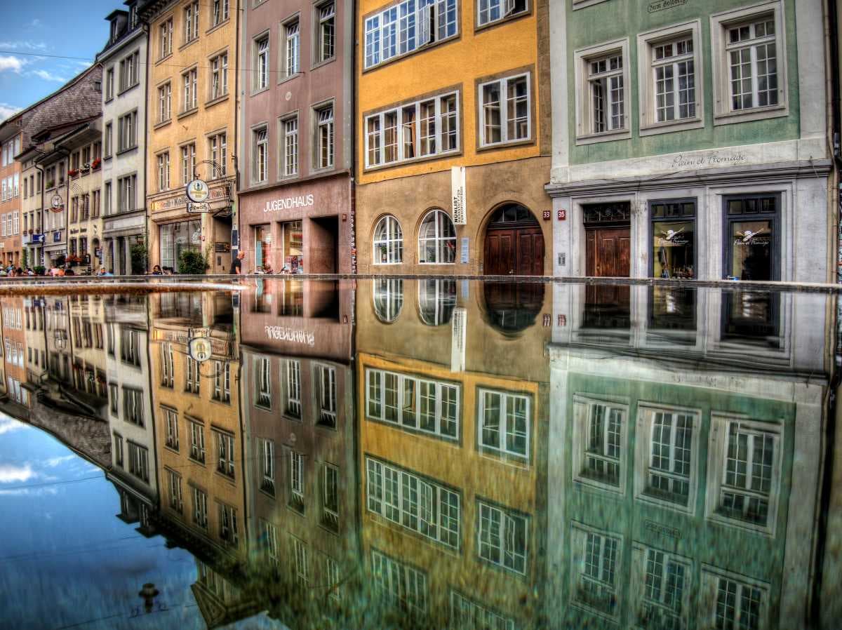 Reflection view of Winterthur buildings