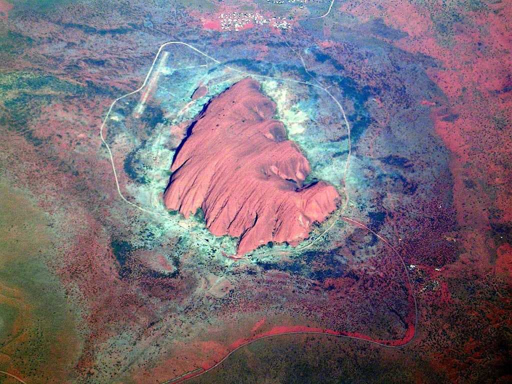 An aerial view of Uluru shows the sizeable area.