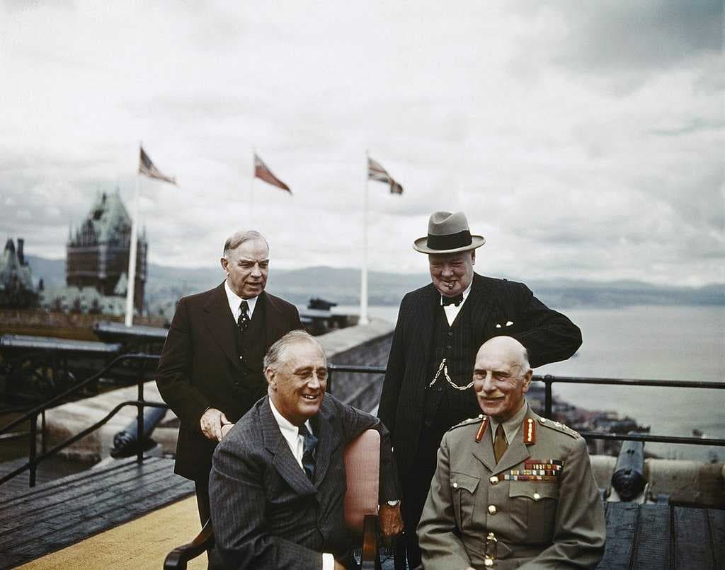 Mackenzie King, Winston Churchill, Franklin Roosevelt, and the Earl of Athlone (left-to-right) at the First Quebec Conference, a secret military conference held in World War II.