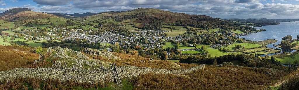 Ambleside (centre-left) and associated neighbourhood Waterhead (right) looking east from Loughrigg Fell