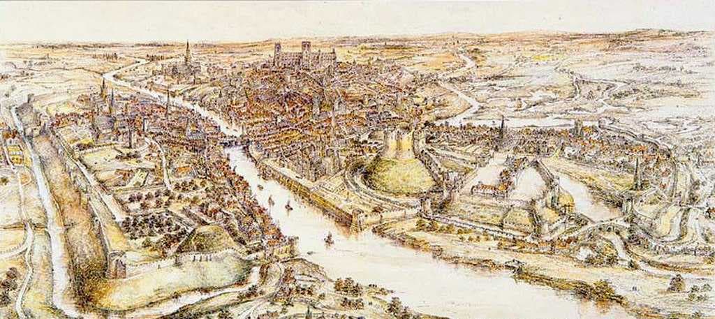 A panorama of 15th-century York by E Ridsdale Tate, York Castle is on the right hand side of the river, opposite the abandoned motte of Baile Hill