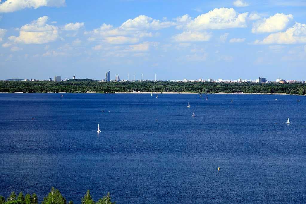 The skyline of Leipzig seen from Cospudener See in the Neuseenland