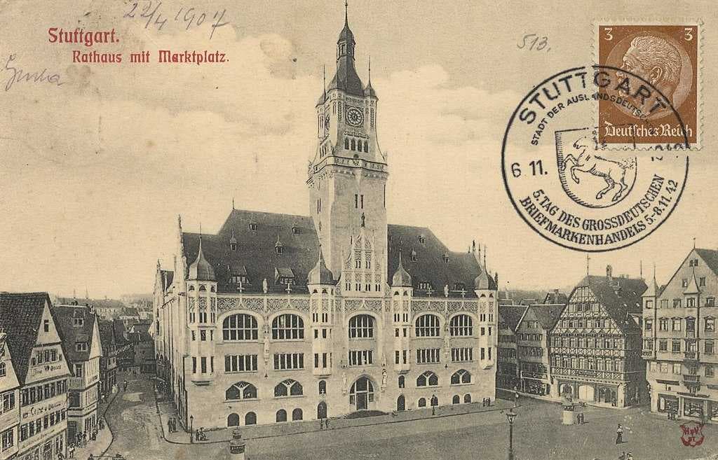 Stuttgart Rathaus on the Marktplatz, 1907. The building was destroyed by Allied bombing during World War II. What was left of the building was used to build the current City Hall.