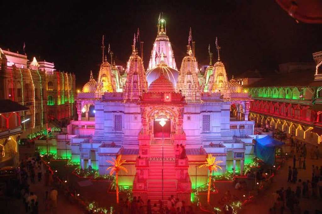 The temple lit up for a festival