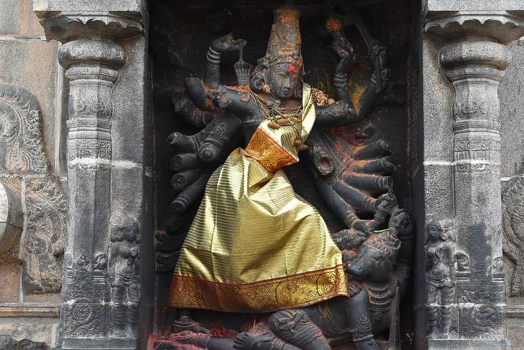 Durga in the Shivakamasundari shrine, in her Mahishasuramardini form killing the buffalo demon below her foot.