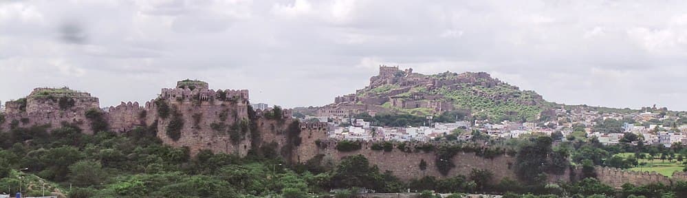 View of the Golkonda fort and walls from Shah Hatim Talab, MD Lanes, Tolichowki, Hyderabad