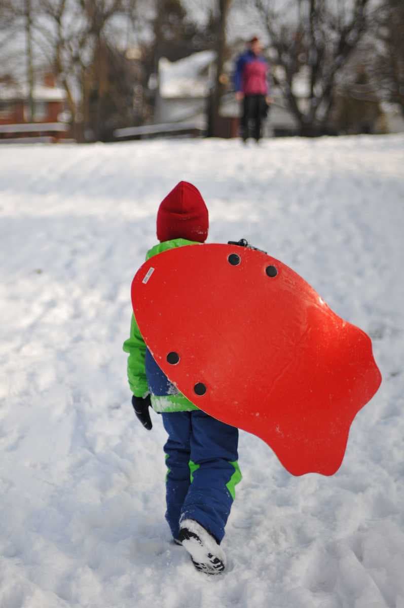 Canadian child carrying his modern toboggan, December 2010.