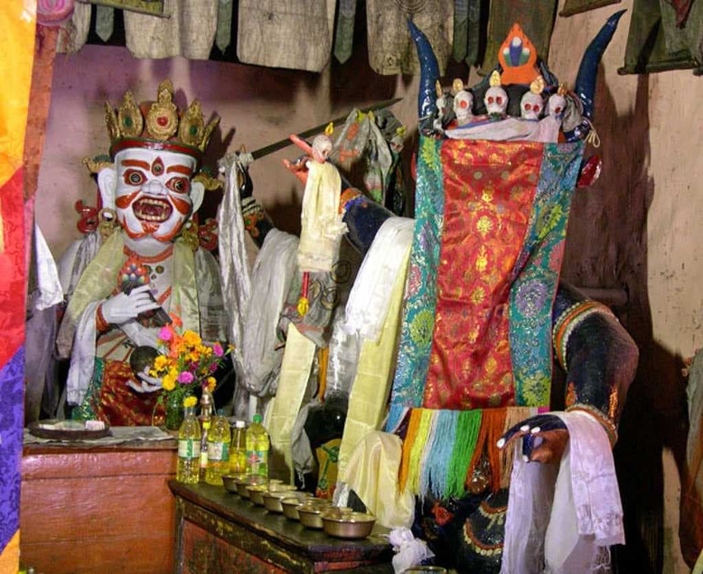 Statues of guardian deities, whose heads are uncovered only during the festival.