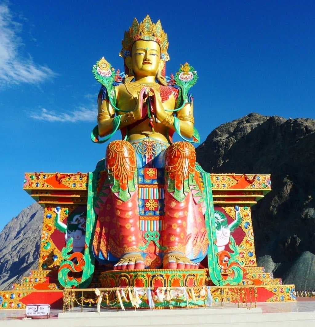 32 metre statue of Maitreya Buddha near Diskit Monastery facing down the Shyok River towards Pakistan.