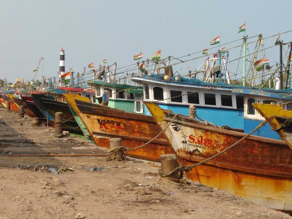 Fishing boats moored at Nagapattinam Harbour, Tamil Nadu, India
