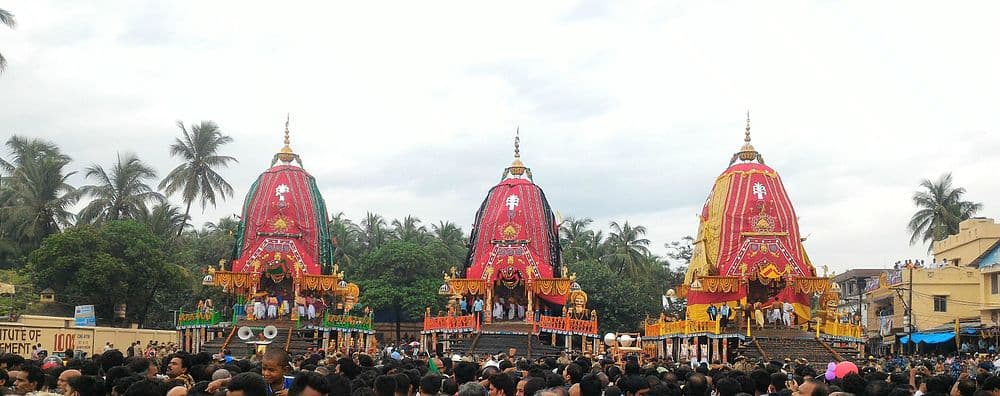 From right the Ratha of Lord Jagannath named Nandighosha, the Ratha of Goddess Subhadra named Darpadalana and the Ratha of Lord Balabhadra named Taladhwaja are parked outside the Gundicha Temple, Puri before the commencement of the Bahuda Jatra, Nabakalebara 2015.