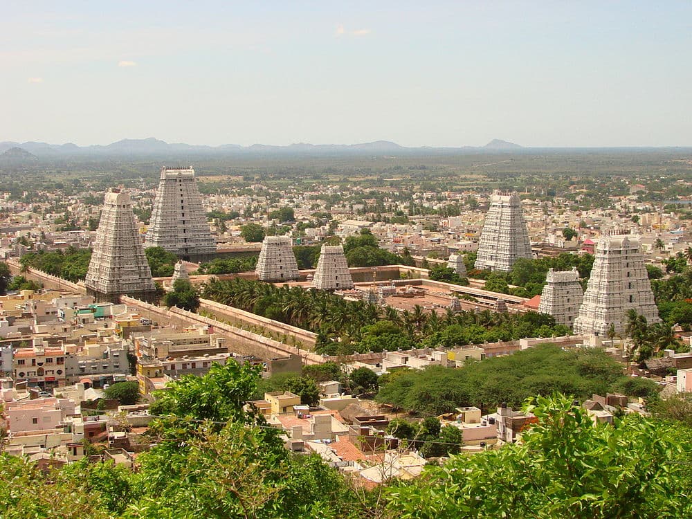 View of the Annamalaiyar temple towers from the Annamalai hills