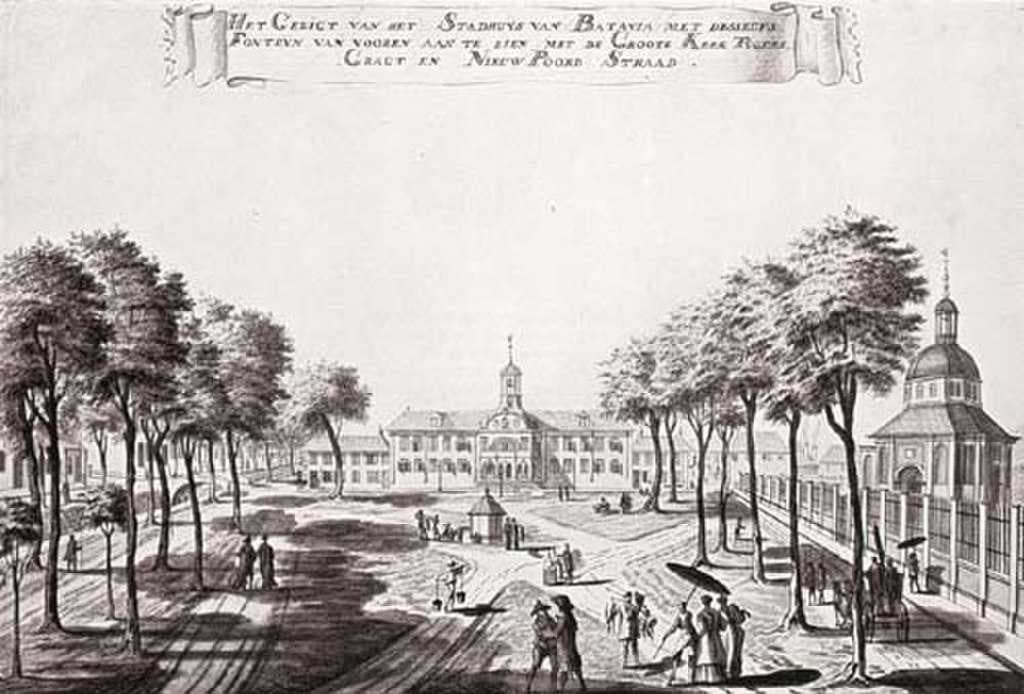 Drawing of the city hall (Dutch: stadhuis) in Batavia (by Danish painter Johannes Rach, late 18th century)