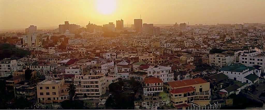 An aerial view of Mombasa skyline at sunset from the old town