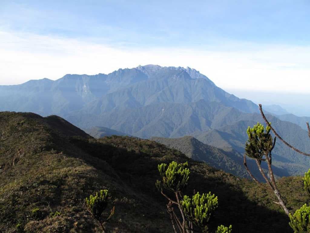 Mount Kinabalu viewed from the summit of nearby Mount Tambuyukon.