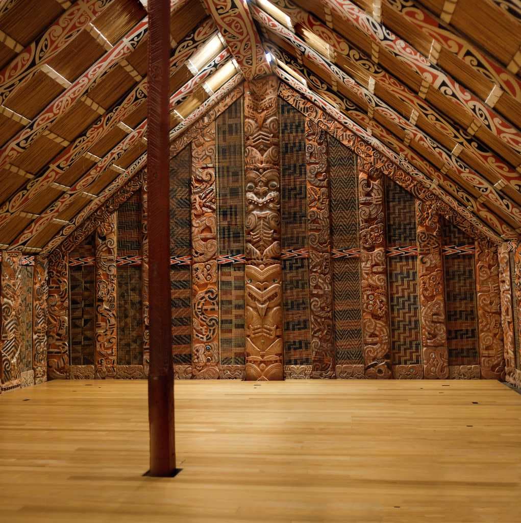 An aesthetic interior view of the 'Marae', a sacred place of worship or communal gatherings, at the Auckland War Memorial Museum