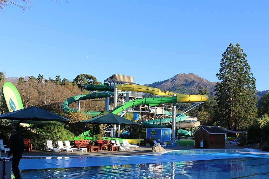 An early morning view of the Hanmer Springs Hot Pools and hydroslides with Dumblane (1303 m) in the background.