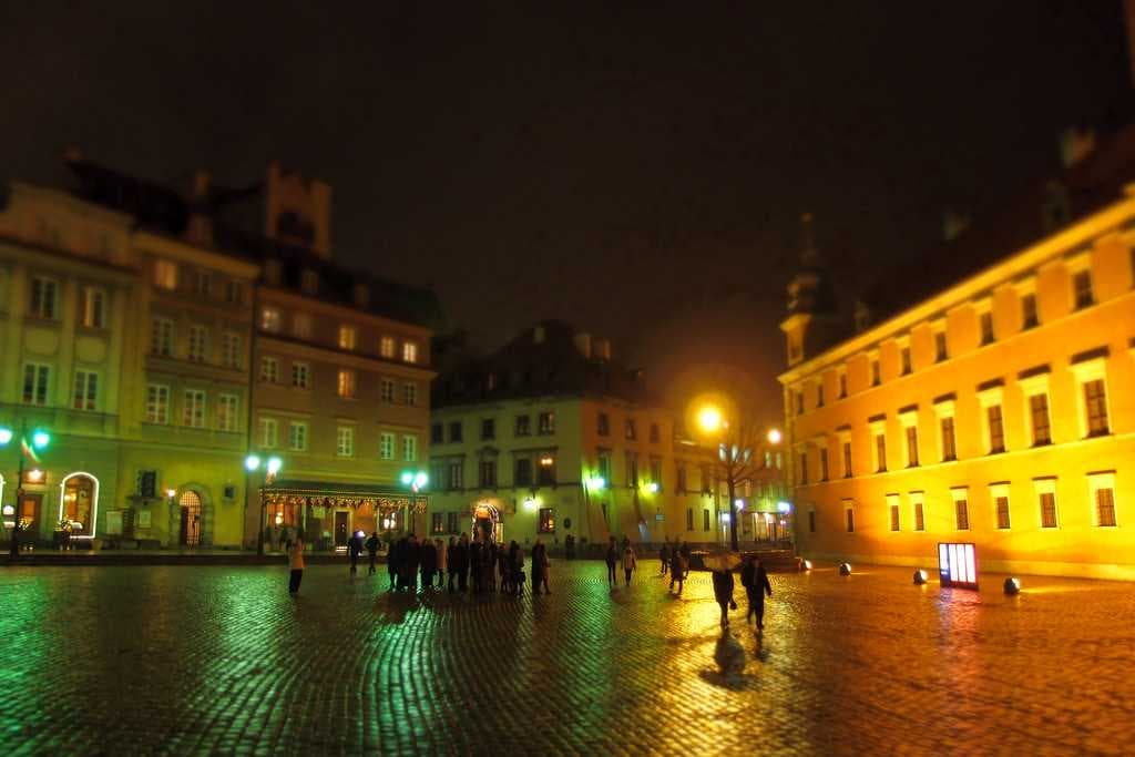 The town square at night.