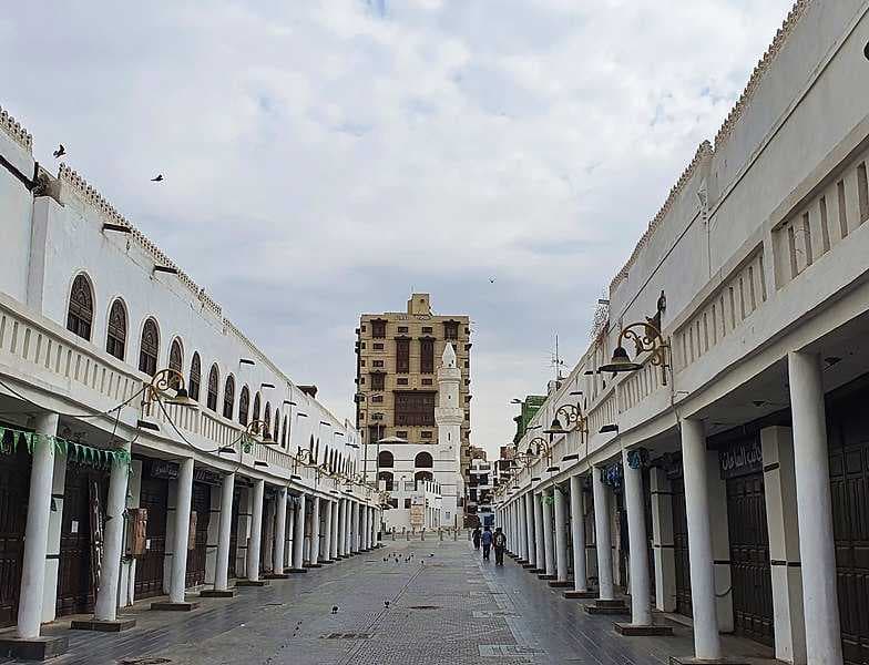 Market street in old Jeddah with al-Mimar Mosque in the background