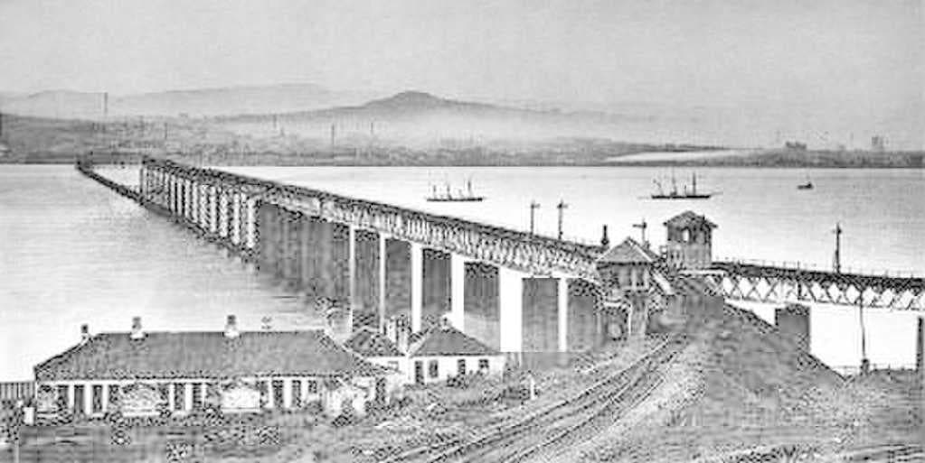 The original Tay Bridge (from the south) the day after the disaster. The collapsed section can be seen near the northern end.