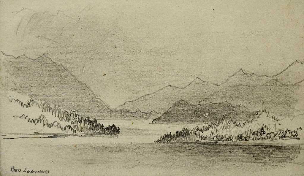 Loch Lomond depicted in a late 19th-century graphite drawing by Thomas J. Marple.