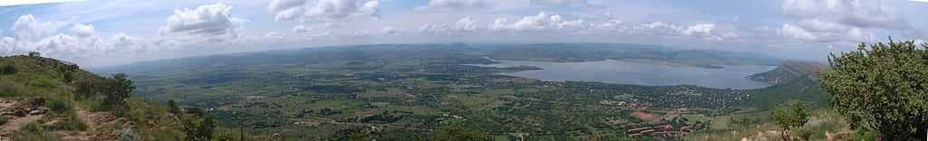 Composite panorama of Schoemansville (lower right) and Hartbeespoort Dam looking South