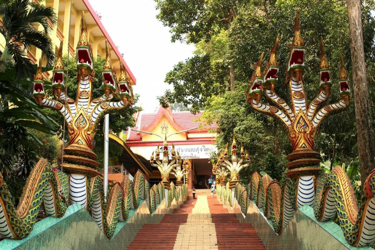 The entrance to Wat Khao Sukim, a Buddhist temple situated in Khao Baisi, Tha Mai District, Chanthaburi, Thailand