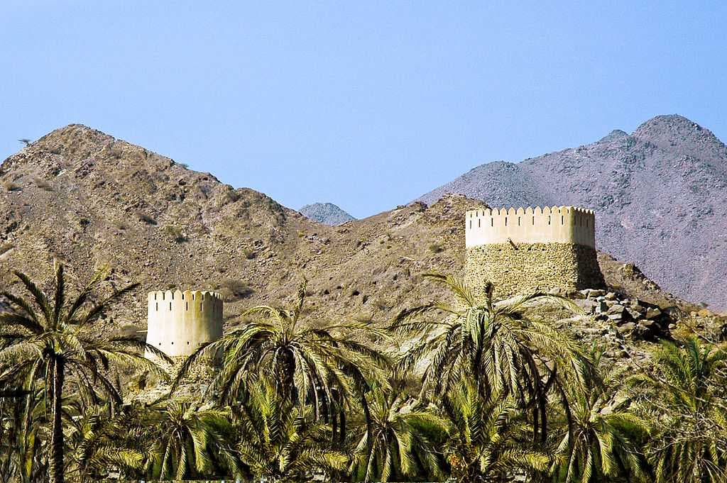 Al Badiyah Mosque lookout towers. Al Badiyah Mosque is the oldest mosque in the United Arab Emirates.