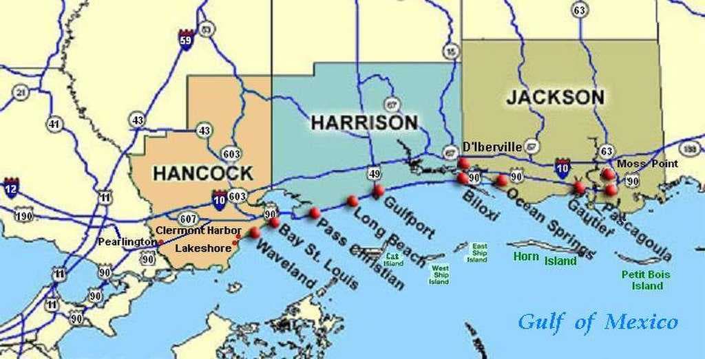 Location of Biloxi, east of Gulfport (center), on Gulf of Mexico