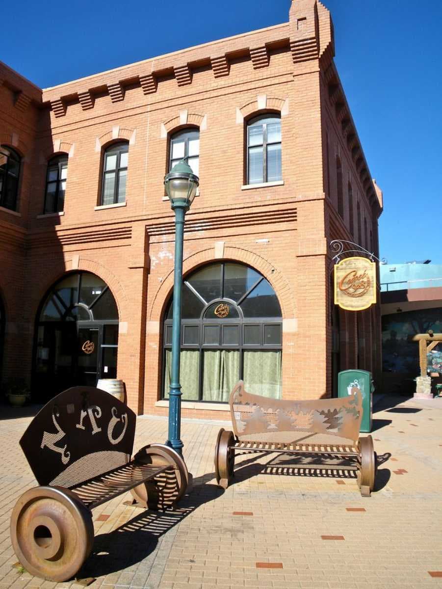 Benches commemorating Flagstaff's traditional labor forces in Heritage Square